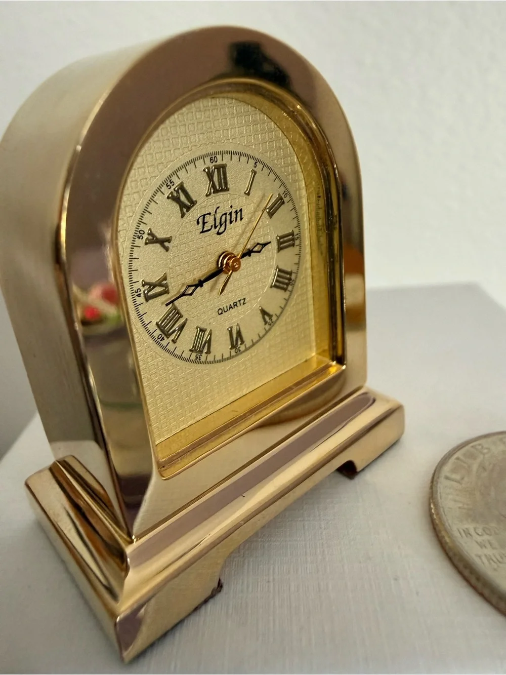 Elgin Mini Mantel Clock Gold Tone Quartz Roman Numerals Open Face w/ Manual